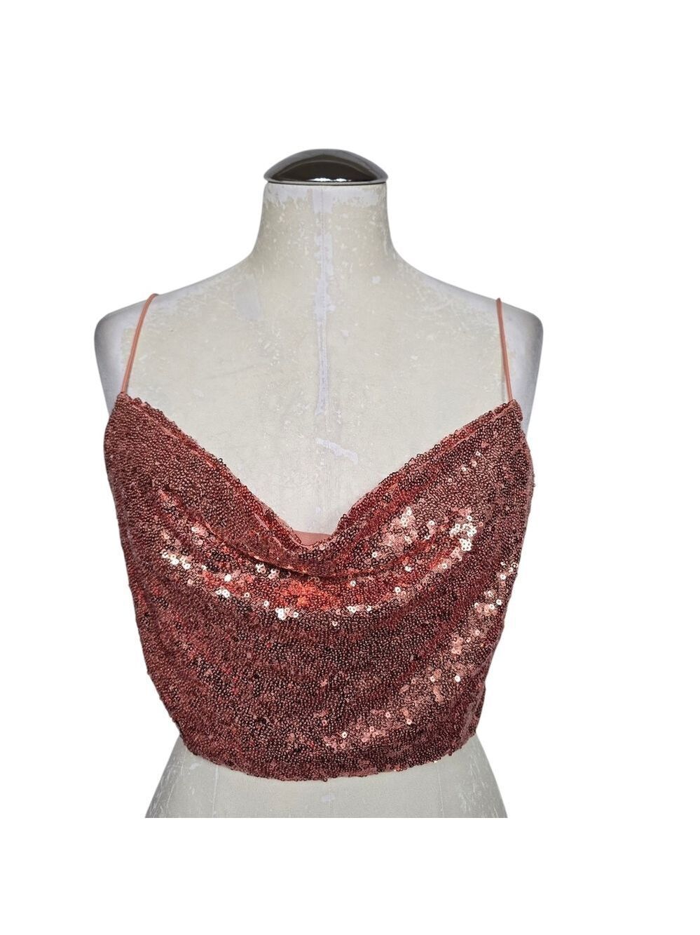 B. Darlin Rose Gold Sequin Cowl Neck Crop Top Size L